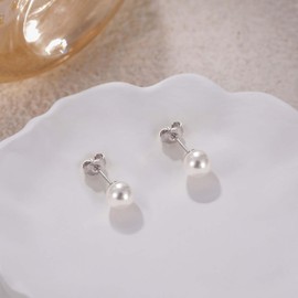 Mameloly Pearl Earrings for Women Dainty 925 Sterling Silver 6MM Handpicked Simulated White Pearl Stud Earrings Hypoallergenic