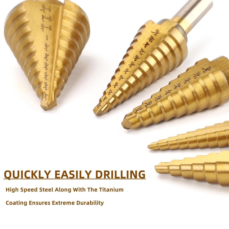 5PCS Titanium Step Drill Bit Set with 1 Automatic Center