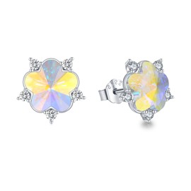 Crystal Earrings 925 Sterling Silver Snowflake Plum Stud Earrings with Zirconia Hypoallergenic Coloured Crystal Flowers Jewellery Gift for Women Girls Children, Sterling Silver