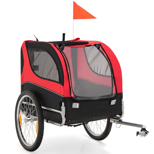 PETSITE Dog Bike Trailer, Dog Cart for Bicycle with 3 Breathable Mesh Entrances, Safety Flage, Easy Folding Pet Carrier with Quick Release Wheels, Pet Bike Trailer for Small & Medium Sized Dogs (Red)