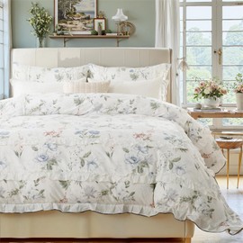 Cozaline Ruffle Duvet Cover Queen Size 100% Cotton Green Floral Duvet Cover Sets Aesthetic Vintage Farmhouse Ruffled Bedding Set with Zipper Closure 3 Pieces Ultra Soft Breathable Comforter Cover