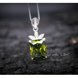 SpiritArtUSA Rectangular Peridot Necklace - White Gold Sterling Silver Gemstone Flower Green