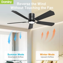 DAMINY 52 inch 5 Blades Black Ceiling Fans with Lights,Flush Mount,6CCT, Low Profile Ceiling Fan with Light and Remote Control,DC Motor,Ceiling Fan for Bedroom, Kitchen,Living Room,Indoor/Outdoor Use