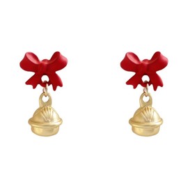 Cute Red Bow Small Stud Gold Plated Bell Charm Dangle Drop Earrings for Women Girls Sterling Silver Post Hypoallergenic Christmas Ribbon Lightweight Dangling Fashion Jewelry for Xmas Decoration Party