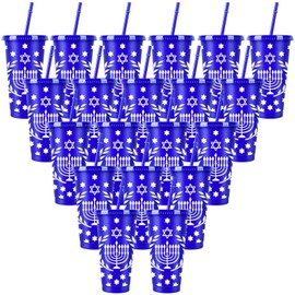 20 Pcs Hanukkah Plastic Cups with Lids and Straws Bulk 24oz Reusable Hanukkah Cups Hot and Cold Drinks Jewish Chanukah Plastic Tumblers Hannukah Party Drinking Cups Hanukkah Party Decorations