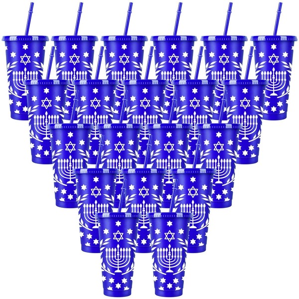 20 Pcs Hanukkah Plastic Cups with Lids and Straws Bulk