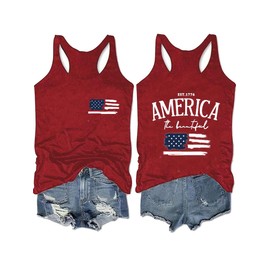 American Flag Tank Tops for Women 4th of July Outfits USA Sleeveless O-Neck Patriotic Tees (Red,L)