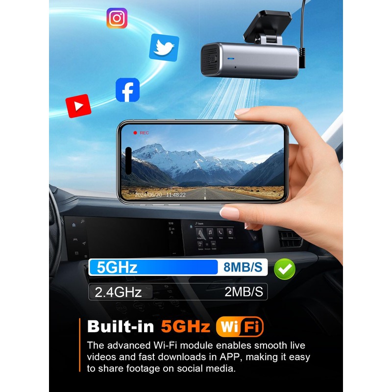 galphi 4K Dash Cam Front, Built-in 5G WiFi, 64GB Card