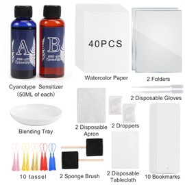 Csyidio Cyanotype Kit Include 2 Component Sensitizer Set, 40 Sheets A5 Paper Brush Tools and Instructions Sun Print Nature Printing Kit for Photographic Blueprints DIY Arts Crafts Projects