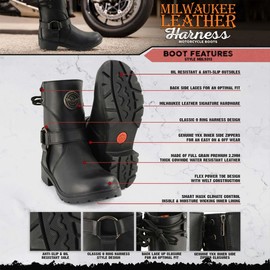 Milwaukee Leather MBL9317 Women's Black Leather Harness Zip-Up Motorcycle Rider Boots w/Purple Back Laces - 8