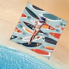 WTVIDAS Large Beach Blanket Waterproof Sandproof 79"x 83" for 1-4 Adults,Quick Drying Beach Mat,Lightweight & Durable,Beach Essentials for Family Beach Camping Travel Picnic(Small Fish)