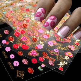 Lips Nail Stickers for Valentine's Day, 3D Gold Nail Decals Foils Nail Art Supplies Valentines Heart Red Lip Self-Adhesive Nail Design Metallic Nail Stickers for Women Girls DIY Nail Decoration 30 PCS