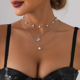 TseenYi Multilayer Pearl Butterfly Necklace Silver CZ Butterfly Pendant Necklace Vintage Beads Strand Chain Necklace Multilayer Pearl Choker Necklace Jewellery for Women and Girls