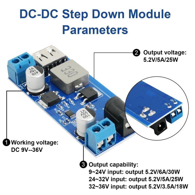 DC-DC Buck Converter 24V/12V to 5V 5A, QIQIAZI Step Down