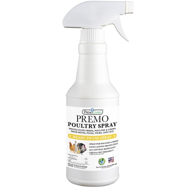 Poultry Spray by Premo Guard – Treat Mites, Fleas, Flies, and Lice – Fast Acting & Effective – Chicken, Turkey, Waterfowl, and Birds – Best Natural Protection for Control & Prevention – 32 oz