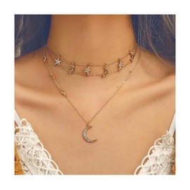 Chargances Bohemia - Collar de oro con luna y estrellas para mujer, gargantilla de oro delicada con estrellas de luna para mujeres y niñas