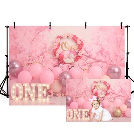 MEHOFOND 2,1x1,5 m Mädchen 1st Geburtstag Fotografie Hintergrund Rosa Blumen Ballons Kids Party Banner Dekoration Supplies Retro Neugeborene Portrait Foto Hintergrund Happy Birthday Fotoshooting
