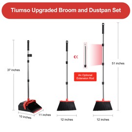 Tiumso Upgrade Broom with Dustpan Combo Set, Broom and Dustpan Set with 51'' Long Handle, Dust Pan and Brooms, ZeroGap Lip, Self-Cleaning Dustpans Teeth for Lobby Kitchen Restaurant - Black and Red