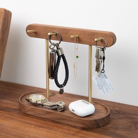 muso wood Walnut Key Stand for Entryway Table, Wooden Key Holder with 4 Hooks, Perfect for Key Trays, Valuables Trays, Jewelry Trays