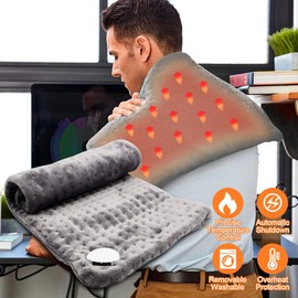 Almohadilla Térmica para Alivio de Dolores de Espalda Hombros Cuello, Cobijas Eléctricas Suave y Cómoda de 60 x 30 cm con 10 Niveles de temperatura y 3 Ajustes de Temporizador, Apagado Automático, Plegable y Lavable a Máquina