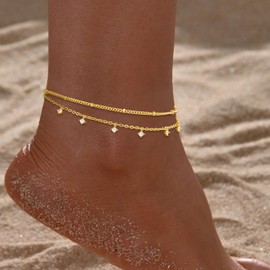 Poxtex Gold Anklets for Women, Zircon Gemstone Layered Gold Ankle Bracelets for Women Waterproof, Multilayer Anklets for Women's Fashion