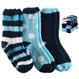 Tipi Toe Women's 3-Pairs Fuzzy Bluish Sripe Snowflake Pattern Winter Warm Cozy Soft Anti-Skid Snowflakes Design Socks, FZ08-B-T1