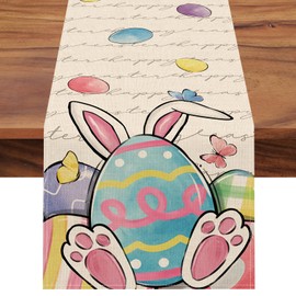 Croar Happy Easter Eggs Table Runner, Bunny Rabbit Ears Butterfly Kitchen Dining Table Decoration, Burlap Indoor Outdoor Home Decor Party Supply 13 x 72 Inches