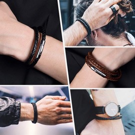 Richsteel Double Layers Brown Leather Bracelet for Husband Mens Rope Bracelets Jewellery 22cm Long