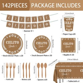 142 pcs Cielito Lindo Baby Shower Tableware, Mexican Theme White Talavera Baby Girl Shower Party Decoration Paper Plates Napkins Forks Serves 20
