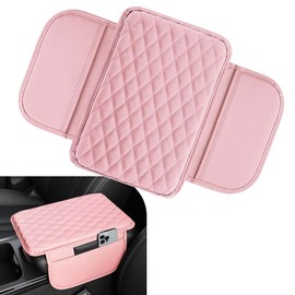 Diamall Car Center Console Cover, Leather Armrest Cover Cushion with 2 Storage Bags, Auto Interior Arm Rest Seat Box Pad Accessories, Universal Armrest Organizer for Cars SUVs Truck and More (Pink)