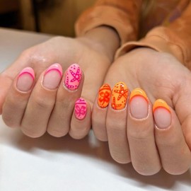 Short Almond Press on Nails SWEKKE French Tip Fake Nails Orange & Pink False Nails with Starfish Designs Glossy Glue on Nails Acrylic Nails Stick on Nails for Women Girls 24 Pcs