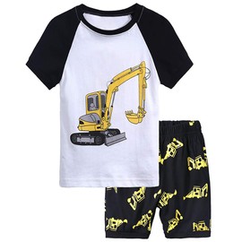 Boys Summer Pajamas Short Sleeve T-Shirts and Shorts, 7, Black Excavator