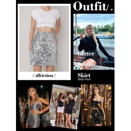 zffriction Women's Sequin Skirt, Glitter Skirt, Elastic Waist, Midi Skirt, A-Line Hip Skirt, Sparkling Short Skirt, Party, Carnival, Concert, silver