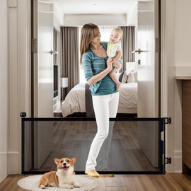 24" Tall Retractable Baby Gates to Step Over, Short Dog Gates Pet Gate for Puppies Small Dogs, 0-55" Wide Adjustable Mesh Baby Gate for Doorways and Stairs, Indoor/Outdoor Use