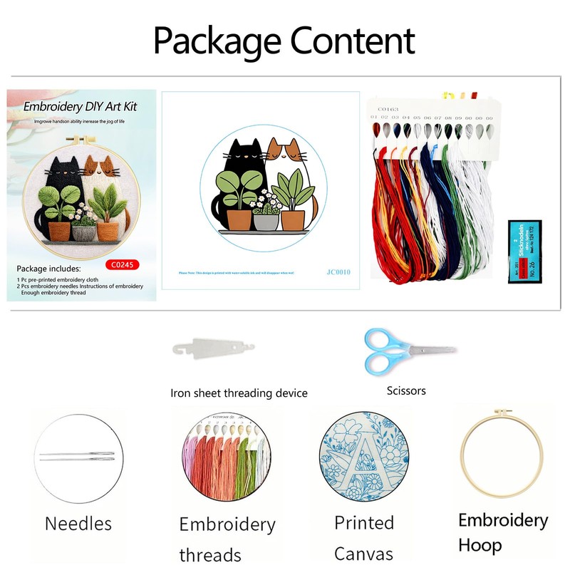 Zhenqing Cats and Potted Plants Embroidery Kit for Beginners, Pre-Printed