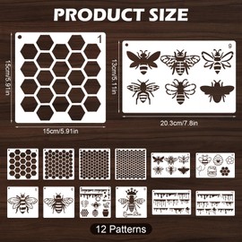 12Pcs Bee Hive Stencils for Painting, Art Stencils for Crafts Reusable, Texture Templates for DIY on Wood, Canvas, Card, and More (Rectangle 7.87x5.12in, Square 5.91x5.91in)