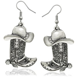 Western West Cowgirl Texas Boots Spur Dangle Drop Earrings Rodeo Boho Fancy Dress Costume,Vintage Silver Boots and Hat