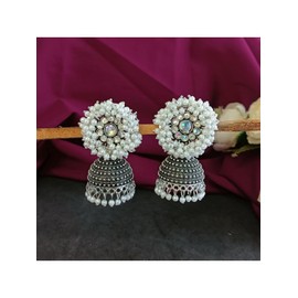 Efulgenz Antique Boho Oxidized Indian Earrings for Women Floral Round Faux Pearl Beaded Stud Earrings Jhumka Jhumki Earrings Set Indian Oxidized Jewelry Dangle Earrings Bohemian Statement Jewelry Set for Women