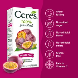 Ceres Passion Fruit Juice Blend, 3-Pack – 100% Natural, Rich in Vitamin C, No Added Sugar, Artificial Colors, or Flavors, Kosher Certified, 33.8 Oz Ea (1 Liter)