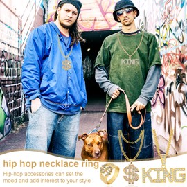 Weploda 3-Piece Hip Hop Costume Set, Dollar Sign Rings, Hip Hop Costume Kit, Dollar Chain, Gold Ring, Elvis Costume, 80s/90s Rapper Accessories, for Men and Women