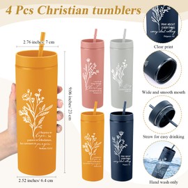 Fumete 4 Set Christian Gifts for Women 16oz Bible Verse Skinny Cup Religious Makeup Cosmetic Bag Inspirational Silicone Keychain Christian Easter Gifts for Holy Week Mother's Day(Bright Color)