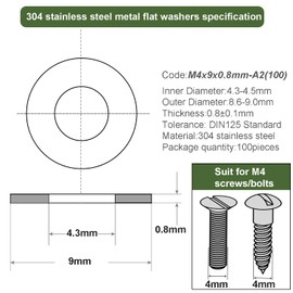 M4 Washers, 4mm x 9mm Metal Flat Penny Washer Thickness 0.8mm- A2 304 Stainless Steel Washers (100 Pack) AMLOOPH Large OD Plain Wide Metal Round Flat Spacer Repair Washer For Screws Bolts