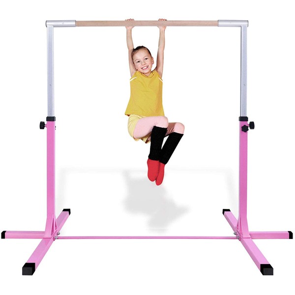 Costzon Gymnastic Training Bar, 3' to 5' Height Adjustable Expandable Kip Bar for 1-4 Levels Gymnasts, Heavy-Duty Junior Horizontal Bar w/Double Locking Mechanism, Ideal for Indoor, Home, Gym (Pink)
