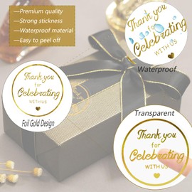 Gold Foil Thank You Sticker, Clear Thank You for Celebrating with Us Stickers, 500 Pcs 1.5Inch Self-Adhesive Wedding Thanks Favor Stickers for Envelope Seal, Gift Wrap, Baby Shower, Birthday