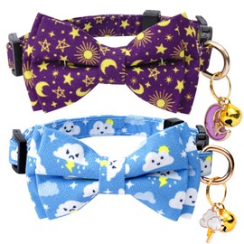 Jelwuion 2 Pack Cotton Cat Collar with Bow Tie and Bell for Girl Boy Cats,Cute Purple Moon and Blue Cloud Pattern Spring Summer Breakaway Cat Collar for Male Female Cats(Moon&Cloud)