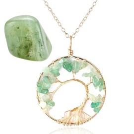 Halukakah Women's Crystals Healing Stones Necklace Gold/Platinum Plated Brass Wire Natural Moonstone / Pink Quartz/Amethyst Quartz/Carnelian/Jade Handmade Winding Tree of Life Pendant Chain 50 cm,