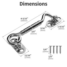 SANKEYTEW 4'' Door Latch Door Lock Hardware, 4'' Stainless steels Hook and Eye Gate Latch Easy Lock for Barn Door, Silver Sliding Door Lock with Screws for Window, Cabin Hooks