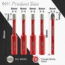 Dry Diamond Drill Bits Set - FOCSTOL 4pcs 6mm Diamond Hole Saw & 1pc 6mm Carbide Drill with Triangle Shank for Porcelain Tile Ceramic Granite Marble