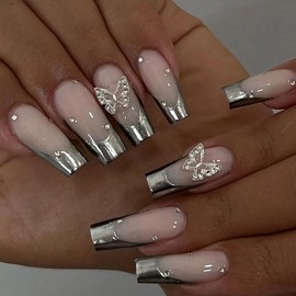 BABALAL Coffin Press on Nails Long Fake Nails Sliver French Tip Glue on Nails 3d Butterfly Rhinestone Ballerina Acrylic Nails for Women and Girls