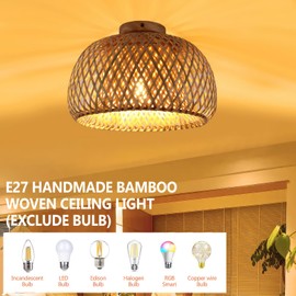 Bamboo Ceiling Light - Handmade Bohemian Woven Rattan Ceiling Light, Semi Flush Mount Ceiling Light Fixture, Farmhouse Light Fixtures, Natural Cage Chandelier for Living Room Bedroom Kitchen Entryway